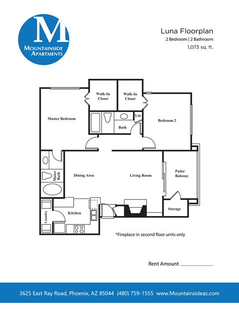 Floor plan for 2 beds, 2 baths, 1073 sqft